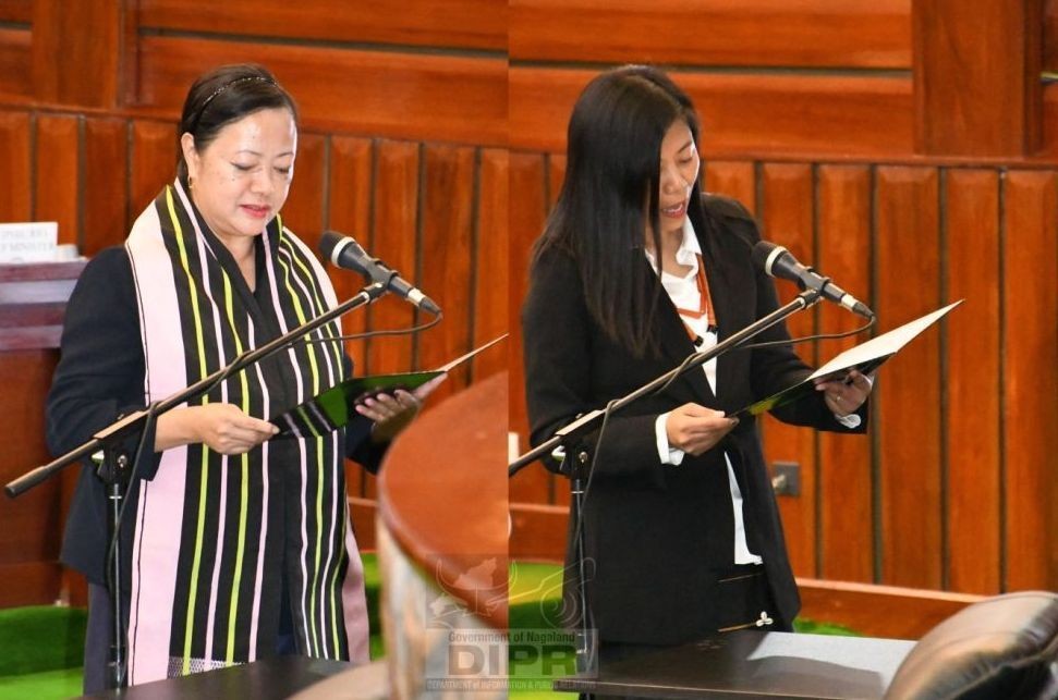 Salhoutuonuo Kruse and Hekani Jakhalu, the first women representatives take oath as members of the 14th Nagaland Legislative Assembly in its first session on March 20. (Morung File Photo via DIPR)